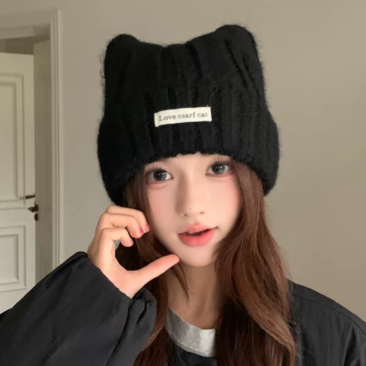 猫耳显脸小保暖护耳毛线帽