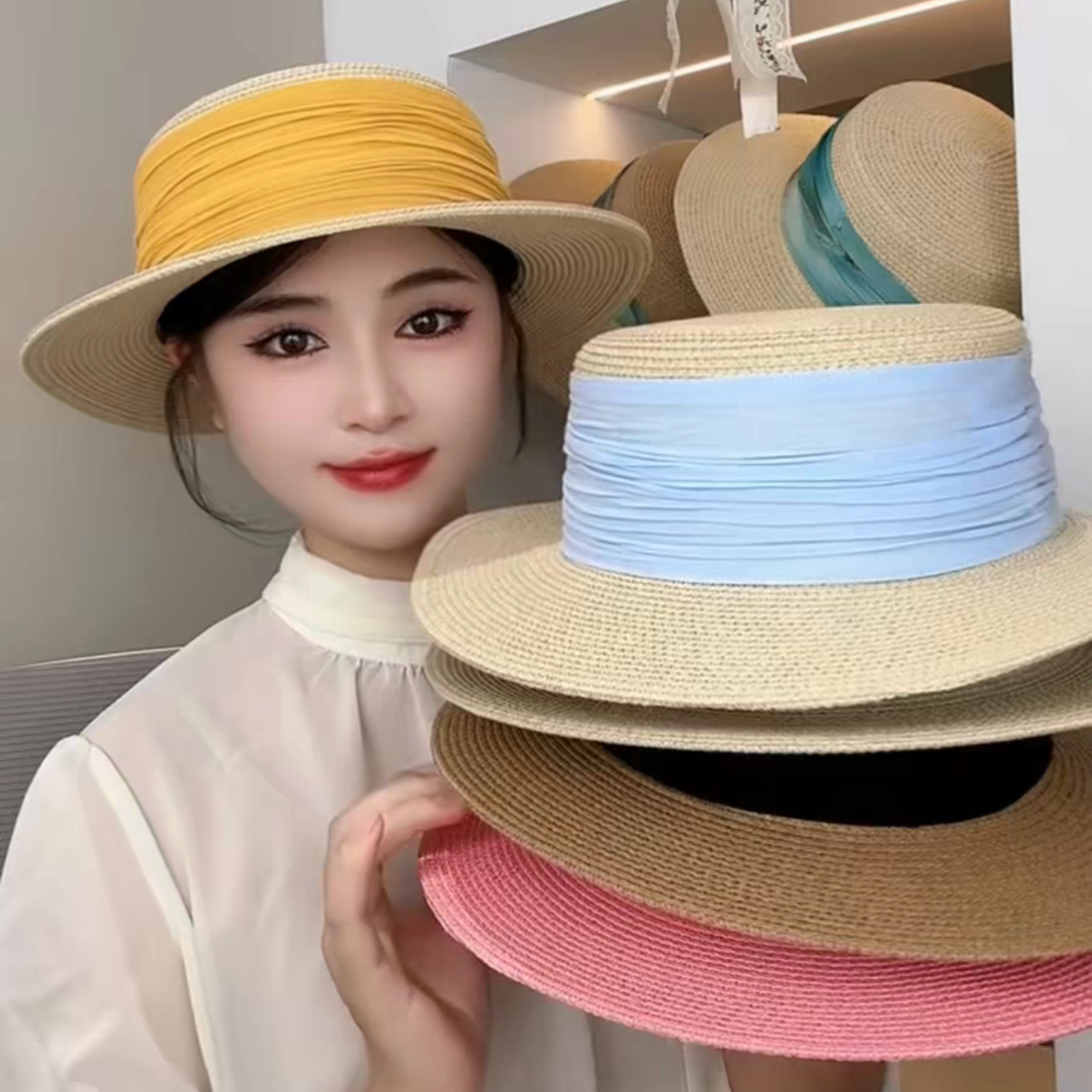 夏季平顶编织大檐防晒遮阳帽女