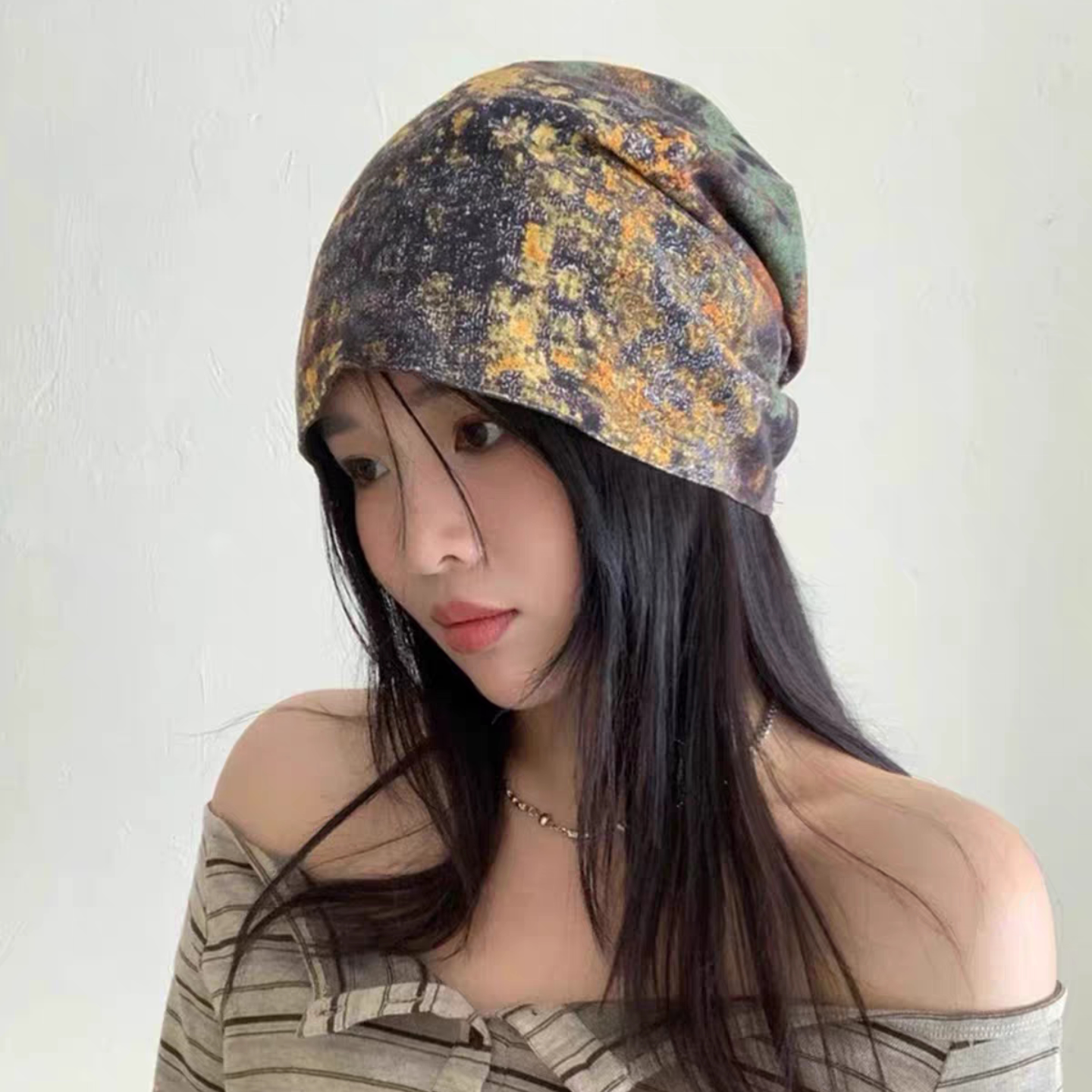 轧染水墨冷帽女民族风复古堆堆帽