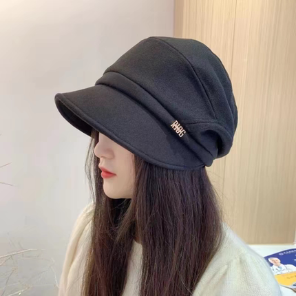 时尚黑色鸭舌帽女秋冬保暖显瘦休闲马术帽子大头围字母平檐堆堆帽