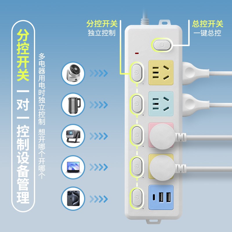 独立开关插座分控插排插线板接线板底部多孔扩展家用宿舍usb功能