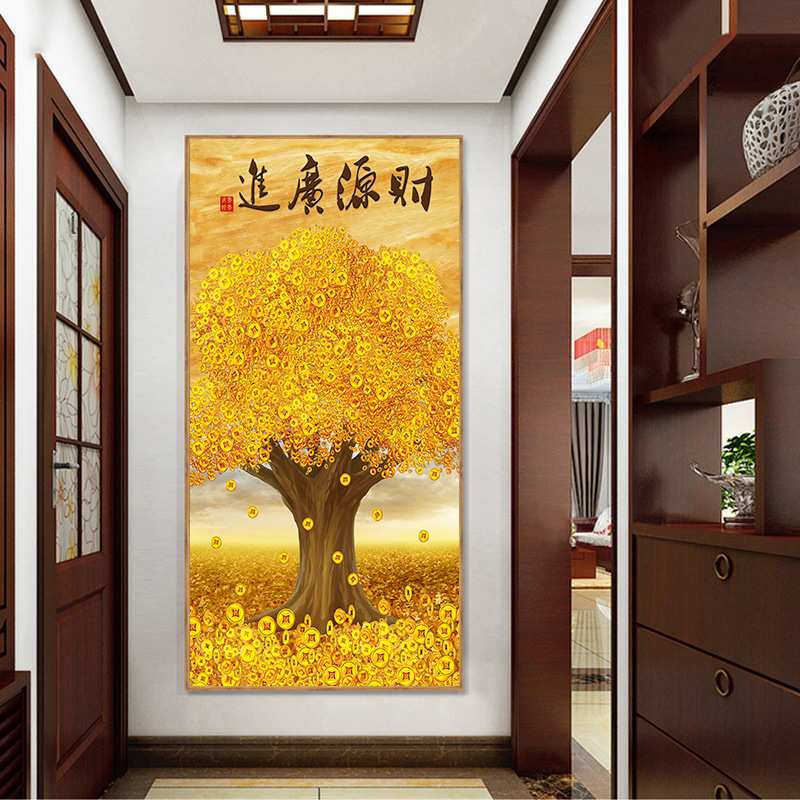 中式玄关装饰画单幅走廊过道竖版壁画发财树挂画招财摇钱树墙画