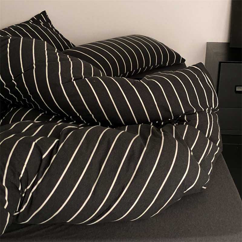 日式经典复古黑白条纹全棉针织棉四件套A类裸睡色纺天竺棉床笠款