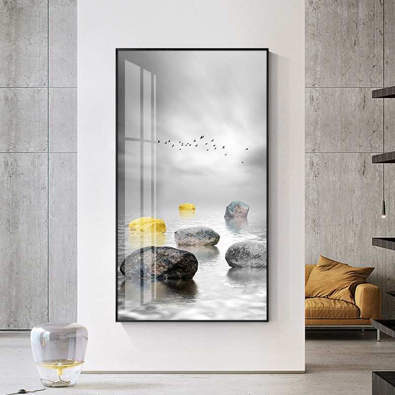 石来运转玄关装饰画金色石头麋鹿晶瓷挂画入户进门墙壁画招财风水