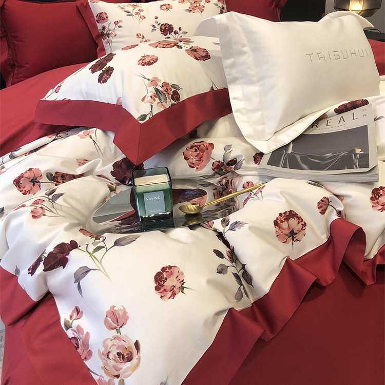 100S结婚礼铺床上用品红色玫瑰花长绒棉纯棉四件套全棉婚庆简约