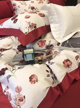 100S结婚礼铺床上用品红色玫瑰花长绒棉纯棉四件套全棉婚庆简约