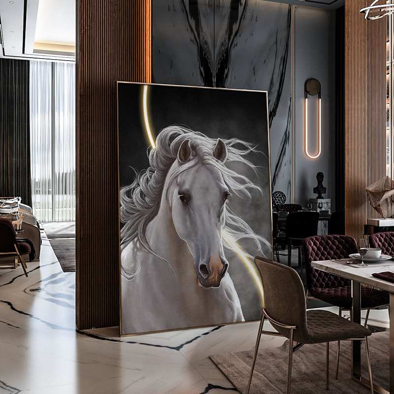 马到成功入户玄关装饰画高档大气白马客厅壁画骏马走廊过道挂画图片
