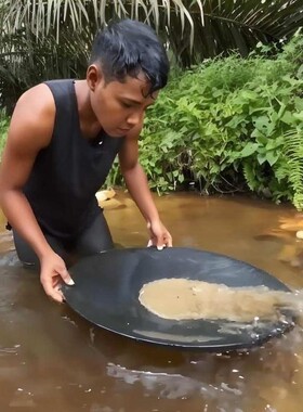 直播间圆形塑钢朱砂矿水瓢木勺子淘洗盘 方形手摇泥河沙晒锡金盆