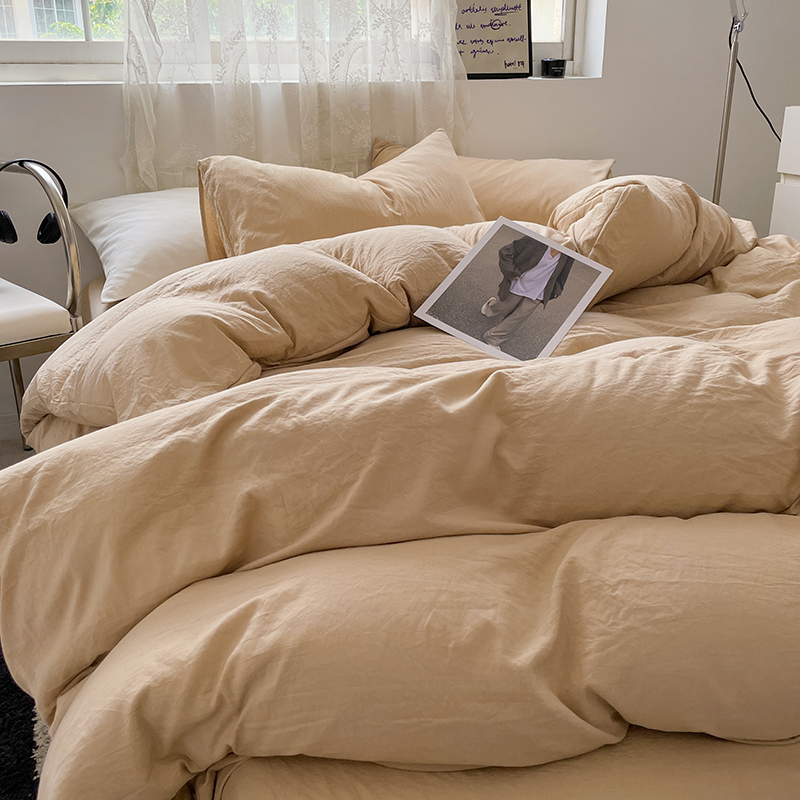 日式简约褶皱纯色水洗棉四件套床单被套床笠款单人宿舍床上三件套