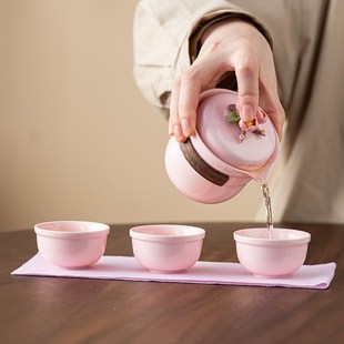 旅游泡茶工具整套功夫茶具女生茶具便携包 粉色手捏花旅行茶具套装