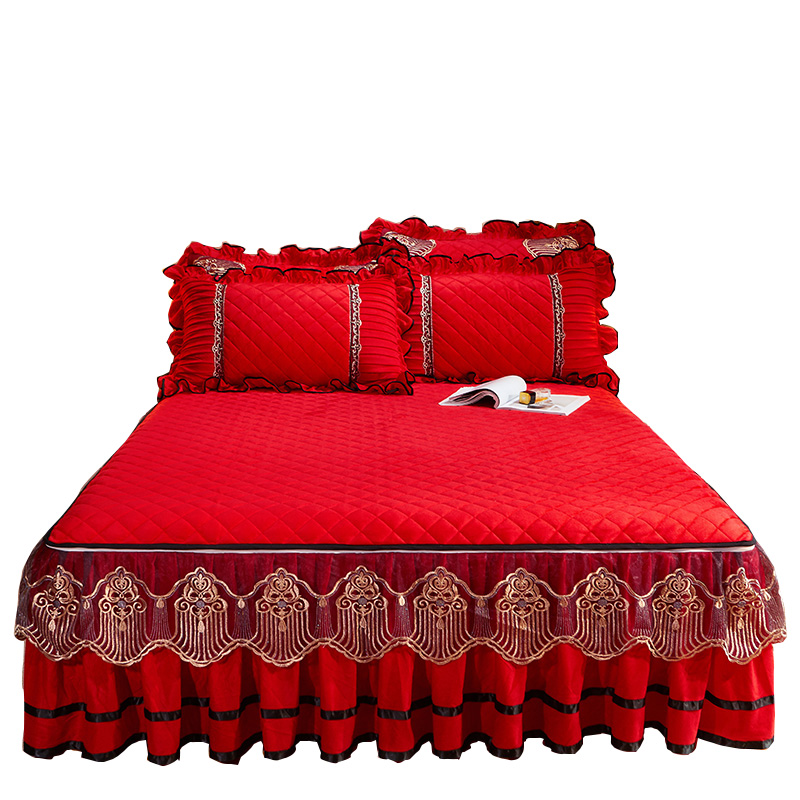 欧式婚庆大红床裙单件水晶绒拆卸夹棉床罩三件套结婚毛绒拉链床套