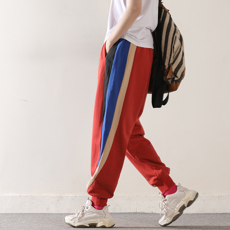 皇森2021春季新款松紧腰撞色卫裤宽松大码哈伦裤休闲裤女垮裤