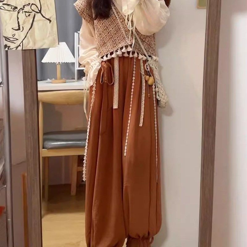 新中式套装女秋季新款国风汉元素小个子马甲雪纺衬衫花苞裤三件套
