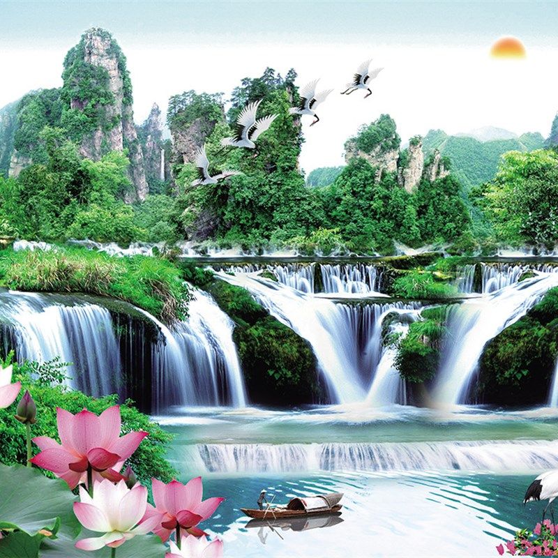 3d无纺布流水生财大型壁画5D客厅沙发电视背景墙壁山水风景墙布8D,家装主材,定制壁画,淘宝优惠券,粉丝福利购,淘宝优惠卷