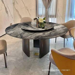 折扣价 桌威尼斯棕晶超石圆餐桌轻奢感大理石奢石家用带盘转餐