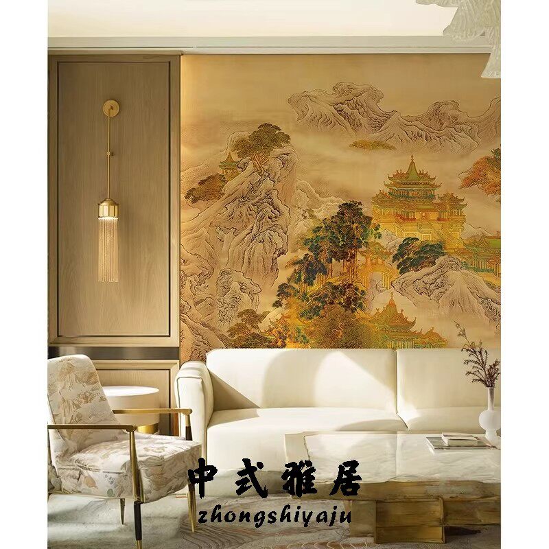 定制中式金箔山水壁纸复古轻奢卧室客厅餐厅背景墙布定制壁画墙纸