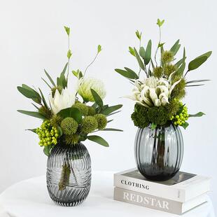 现代轻奢玻璃花瓶花艺软装样板房客厅餐桌售楼部洽谈桌仿真花摆件