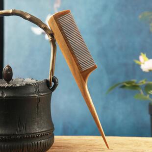 天然天然绿檀木尖尾梳尖头密齿梳子女孩分发际线 线盘发挑发养发