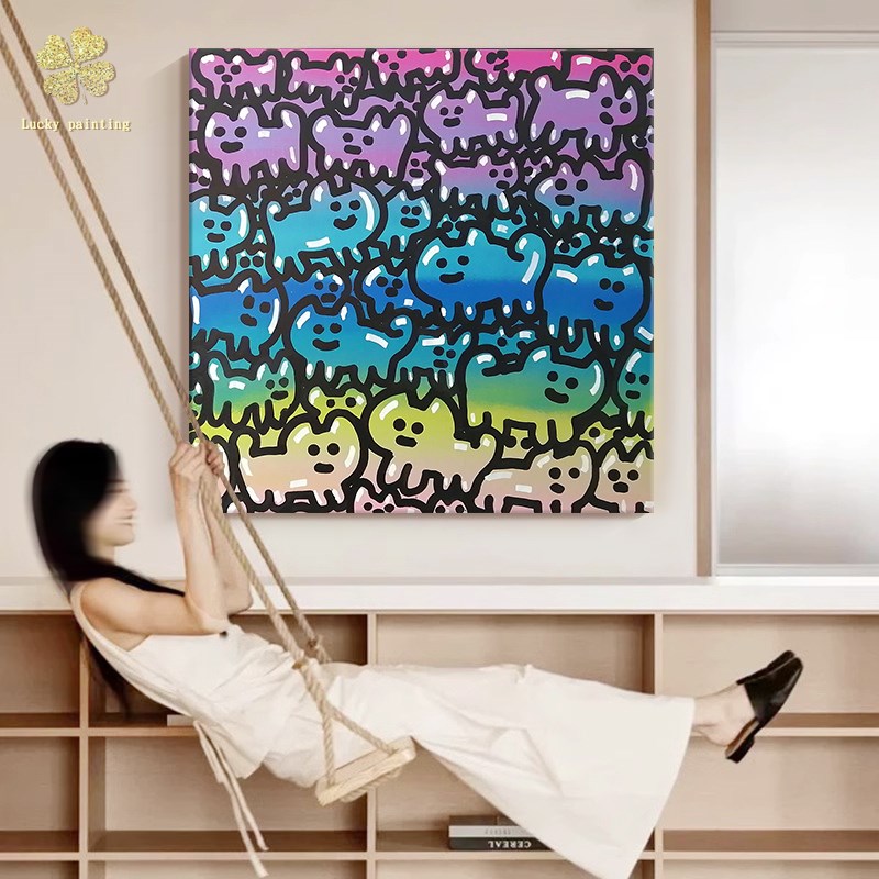《糖果狗狗》多巴胺手绘油画玄关潮流装饰画客厅卧室小众彩色挂画图片