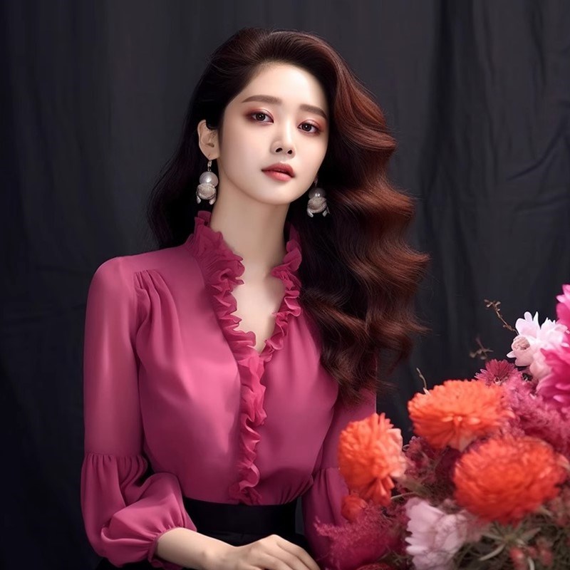 轻奢名媛风木耳边立领上衣气质高级感女装灯笼袖桑蚕丝天丝衬衫潮