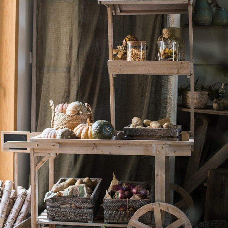 实木花架工艺品摆件木制花车手推车花店花园阳台花架做旧