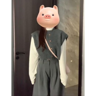 大码胖mm灰色针织马甲背心半高领打底衫套装宽松阔腿裤韩系三件套