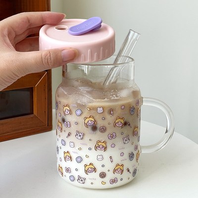 带刻度耐高温玻璃杯网红女生喝水杯大容量带把手牛奶果汁吸管杯子