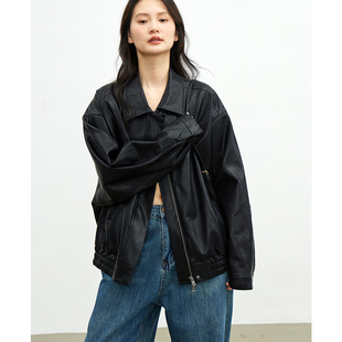 2025春秋黑色机车随意感高级感上衣短款简约垂软女生夹克皮衣外套