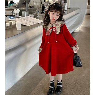 洋气加厚汉服拜年裙女孩红色公主 女大童加绒国风连衣裙n2024新款