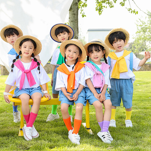 幼儿园活动亲子装小学生白T牛仔短裤套装六一男女孩毕业照演出服