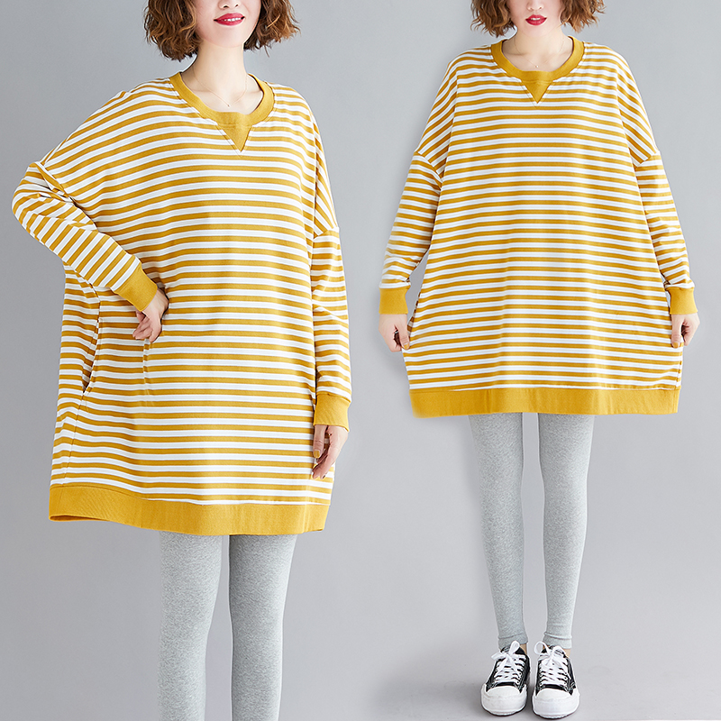 大码胖mm秋冬h中长款条纹卫衣女秋冬韩版慵懒风长袖宽松套头上衣