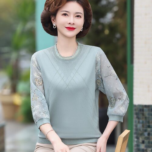 妈妈春装纱袖打底衫上衣女中老年人春夏套头针织长袖XT恤小衫薄款