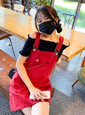 红色甜美牛仔背带裙女宽松显瘦A字短裙减龄复古连衣裙小个子夏款