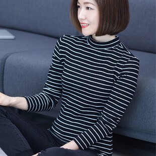 秋冬内搭大码修身纯棉q半高领黑白条纹打底衫女式中领长袖T恤上衣