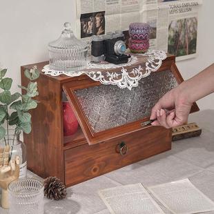 覆古实木茶杯储物柜木制茶具化妆品桌面玻璃组织者多层手工制作展