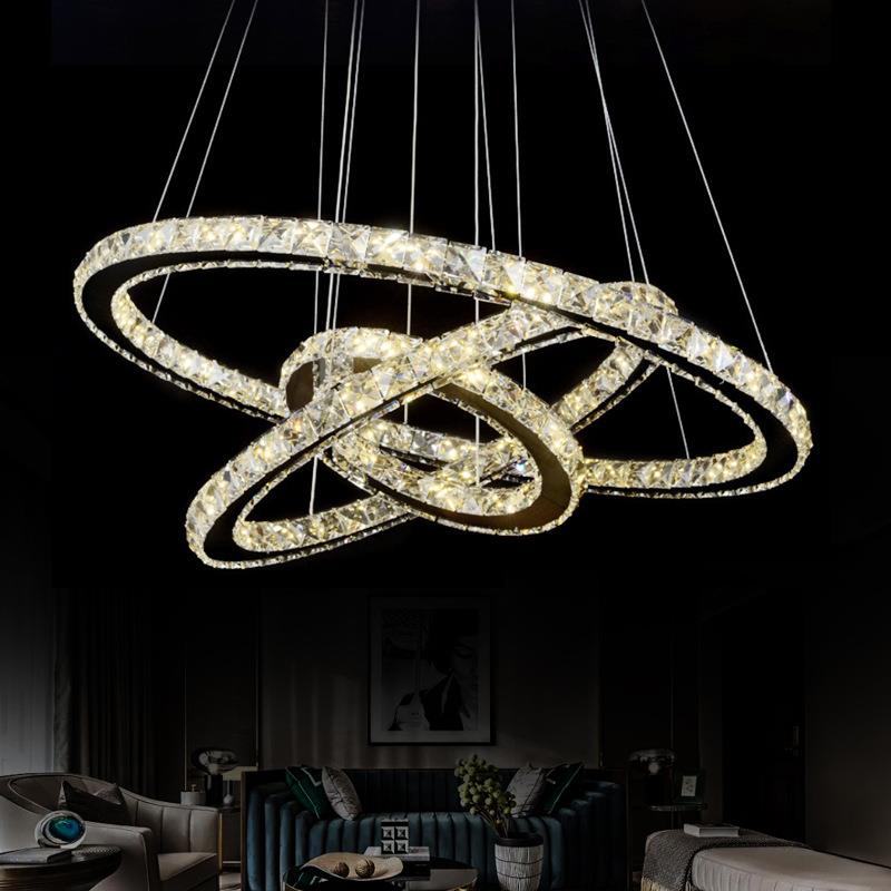 创意不锈钢餐厅水晶吊灯三环现代简约圆圈客厅复式楼梯灯个性吊灯