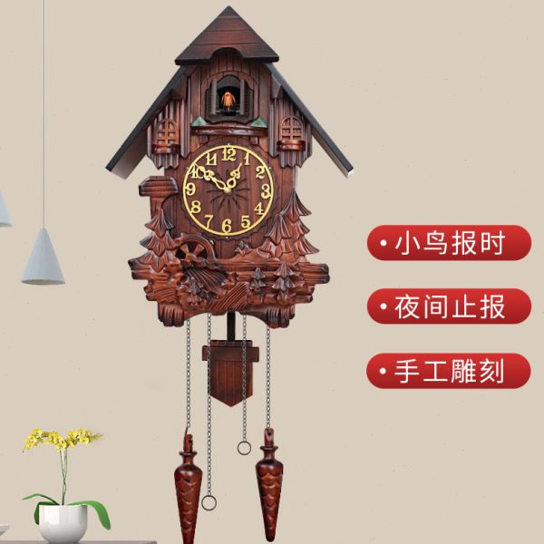 实木雕刻布谷鸟钟表 感光报时 欧式静音创意挂钟 小房子咕咕钟