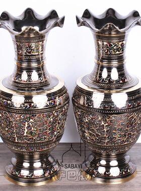 巴基斯坦铜器手工精雕彩点米尔花瓶复古金属铜花瓶中式家装摆设