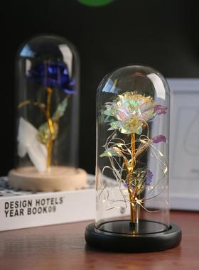 永生花玻璃罩金箔玫瑰花摆件情人节礼物七夕节礼品LED铜线串灯罩