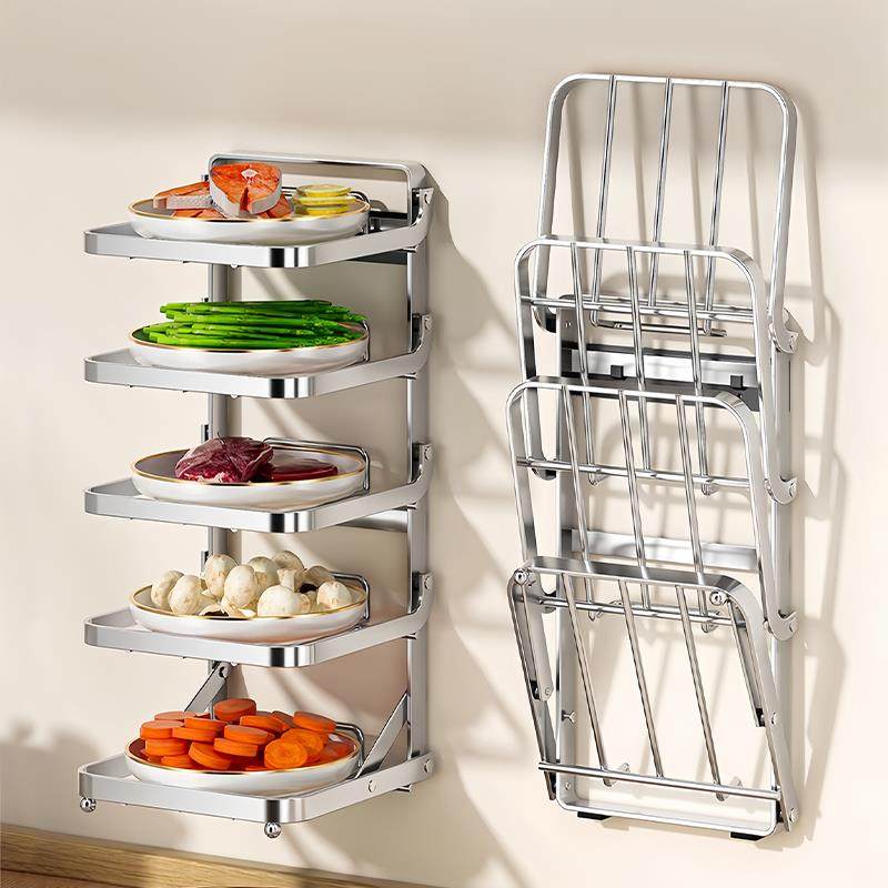 不锈钢折叠备菜置物架瓦斯炉旁配盘子收纳多层壁挂火锅放菜架子