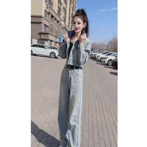 牛仔套装女2026春季新款时尚减龄高级感短外套高腰阔腿裤两件套潮