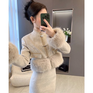 套装 国风冬装 裙秋季 短款 现货 毛毛外套富家千金两件套裙装 新中式