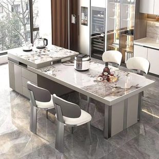 岛台餐桌组合一体伸缩轻奢岩板岛台现在简约储物拉伸茶桌餐桌组合