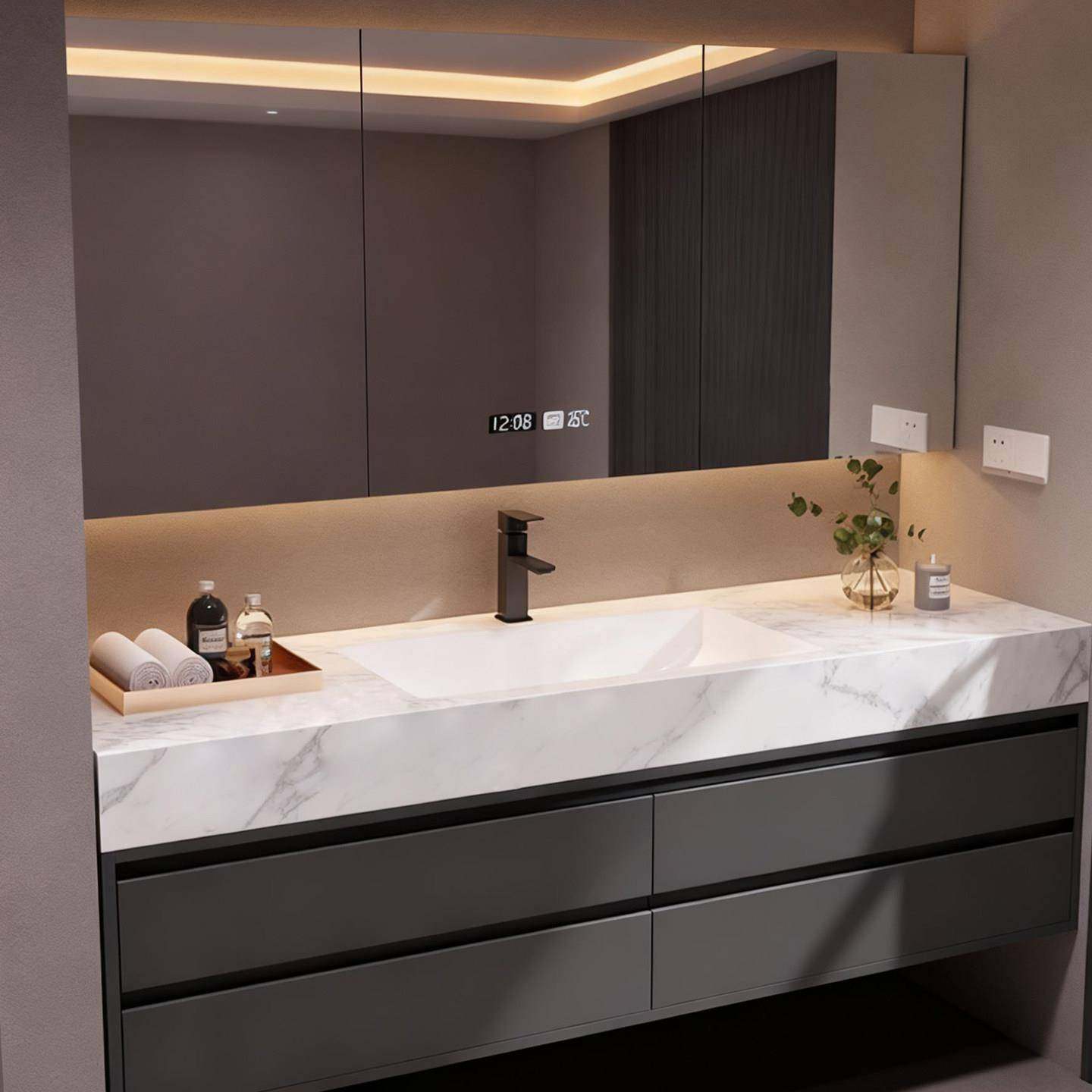 设计师款岩板热弯一体盆浴室柜组合卫生间洗脸盆柜洗手池盆柜智能,家装主材,浴室柜组合,淘宝优惠券,粉丝福利购,淘宝优惠卷