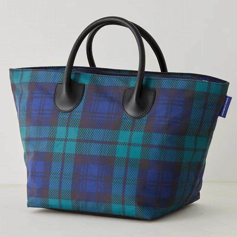 日本杂志款英伦风 格子 pu手柄手提拉链手提袋 托特包 便当饭盒袋