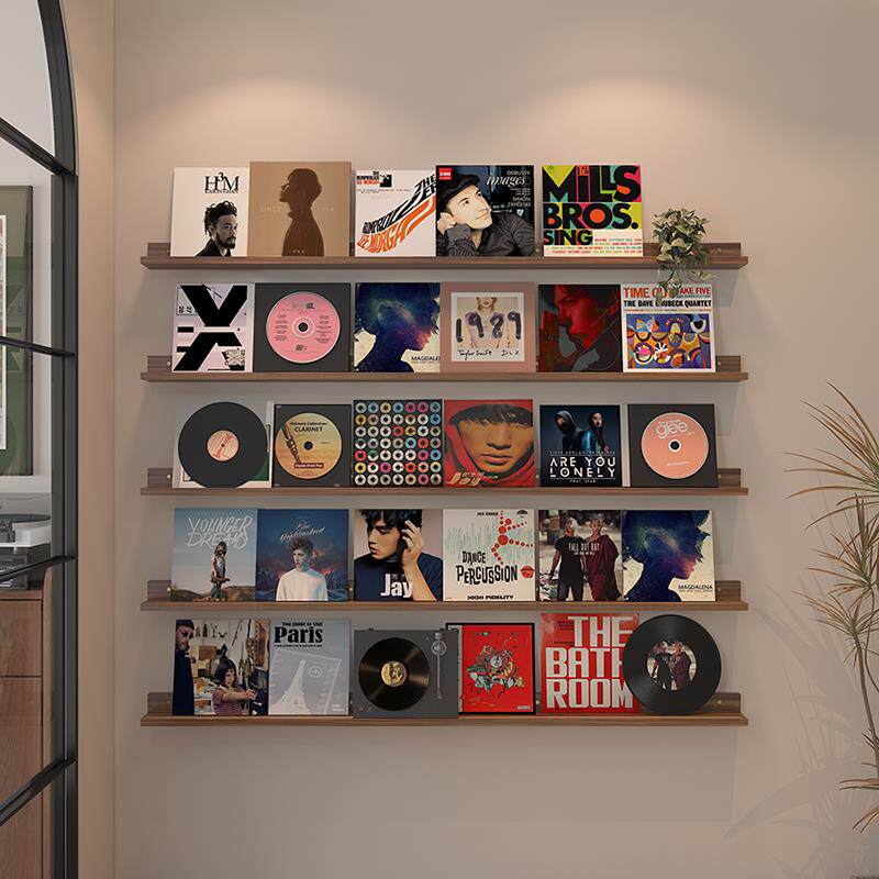 彩色实木一字架墙架黑胶唱片展示架墙上CD架唱片碟片收纳层架照片