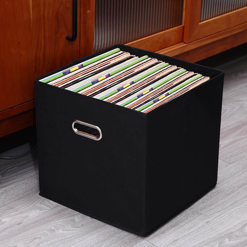 黑胶唱片收纳框12寸LP展示棉麻大容量碟片收藏箱简约复古含盖