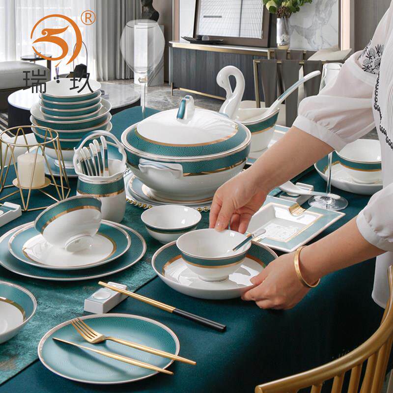 碗碟套装家用碗盘组合80头骨瓷餐具套装结婚乔迁新居礼品餐具套餐