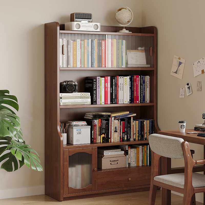 实木书柜储物柜一体家用客厅靠墙展示柜书架落地置物架带玻璃柜门