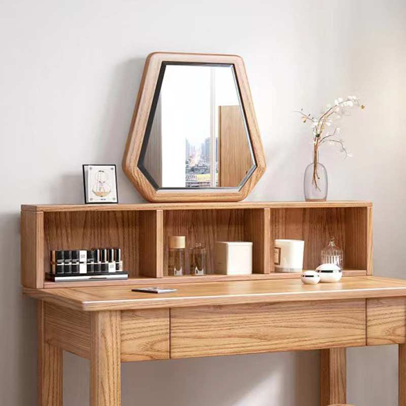 红橡木梳妆台纯实木化妆桌带凳子镜子组合简约现代小户型化妆柜